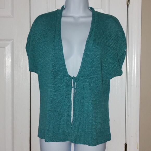 August Silk bluish turquoise tie front cardigan  Sz S - Picture 1 of 5